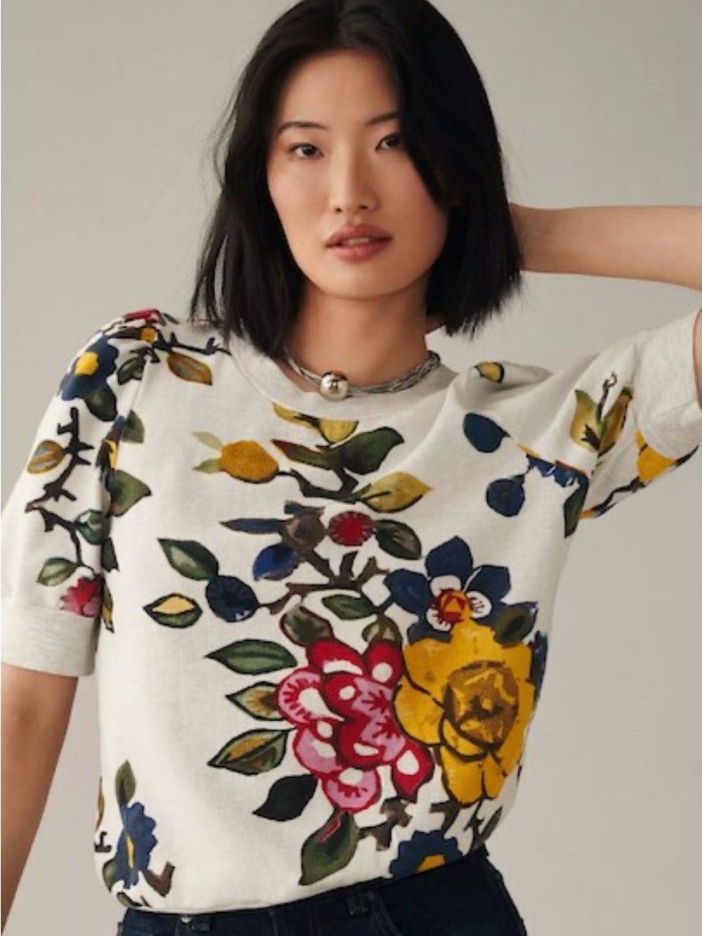 Anthropologie Floral Short-Sleeve Knit Top in Ivory with Multicolor Blooms